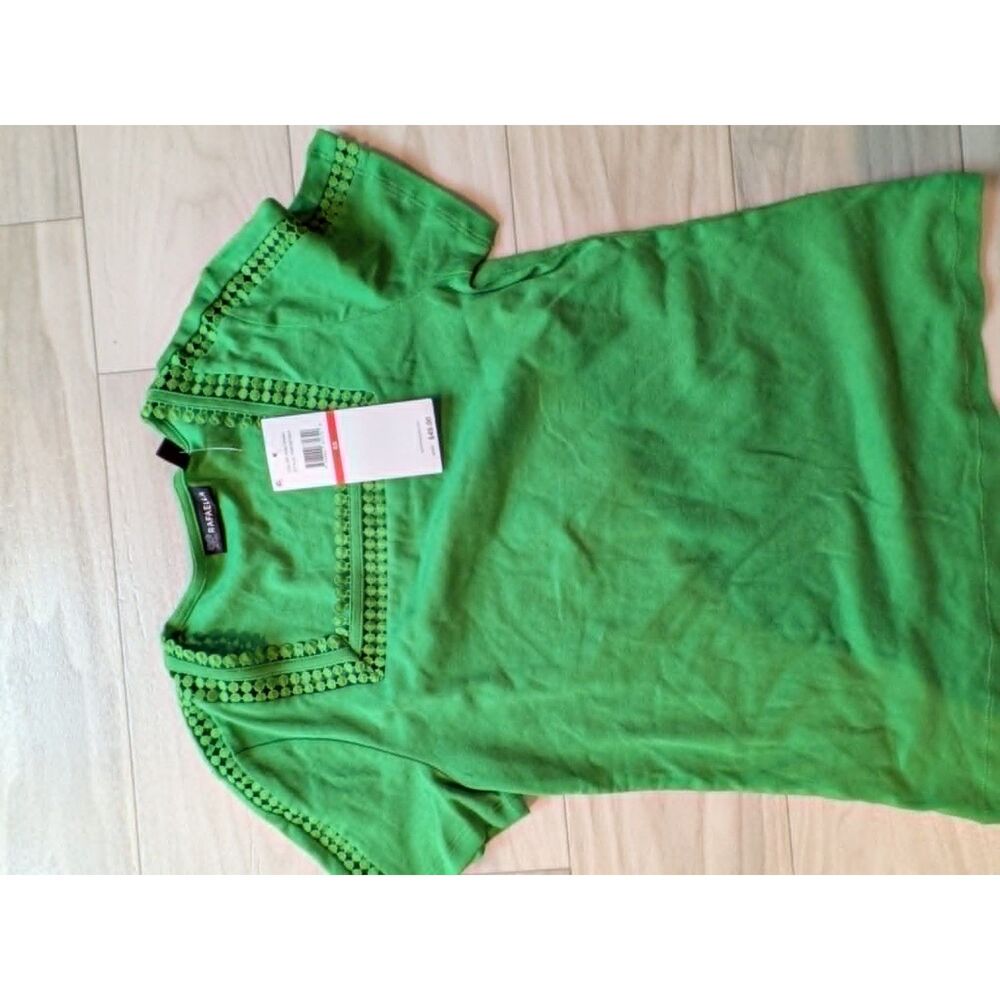 NWT Rafaella Women’s XS Green Short Sleeve Pom Pom Trim Top Blouse